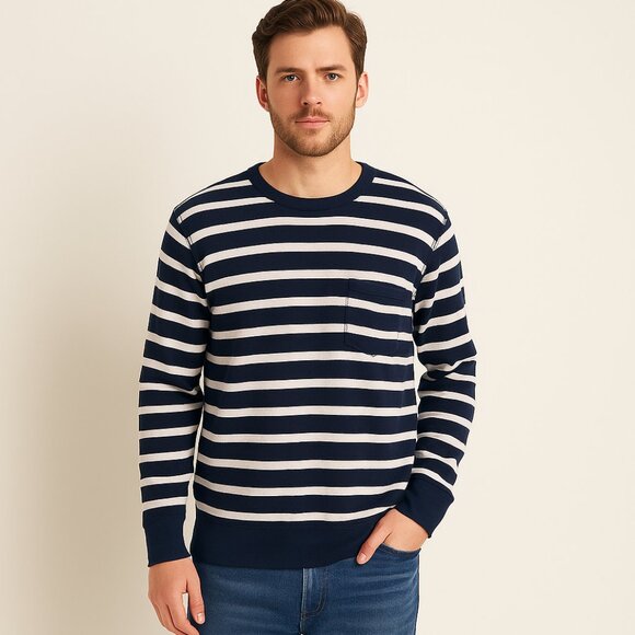 NWT J.Crew 100% Cotton Navy & Off White Striped Long Sleeve Pocket Tee Shirt L - Picture 1 of 8